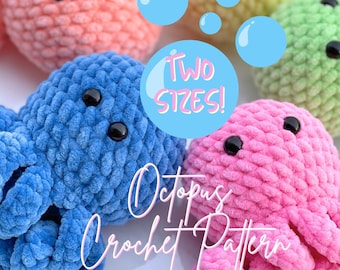 May include: A crochet pattern for making octopus plushies in two sizes. The image shows four crocheted octopus plushies in pink, blue, yellow, and green. The plushies are made with a fluffy yarn and have large, black eyes. The text "Two Sizes! Octopus Crochet Pattern" is superimposed on the image.