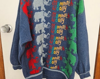 Vintage 1980s hand knit wool jumper with Woolly mammoths