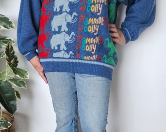 Vintage 1980s hand knit wool jumper with Woolly mammoths