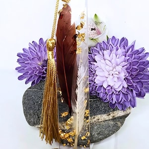 Gold Flake & Feather Bookmark | Exquisite 5 1/2&quot; Resin | Gold Tassel | Customizable | Book Lover&#39;s Charm