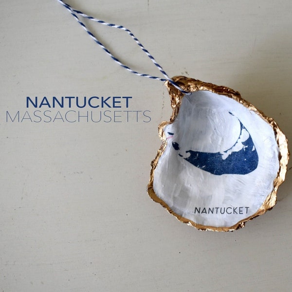 Nantucket, Massachusetts Silhouette. Oyster Shell Ornament.  Coastal Chart Map. Holiday Wedding Engagement Christmas Gift Him/Her. Cape Cod