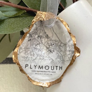 Karte von Plymouth, Massachusetts. Weihnachten Urlaub Ornament. Weihnachtsbaum-Andenken. Austernschale Geschenk. Ausgefallenes Geschenk zur Verlobung