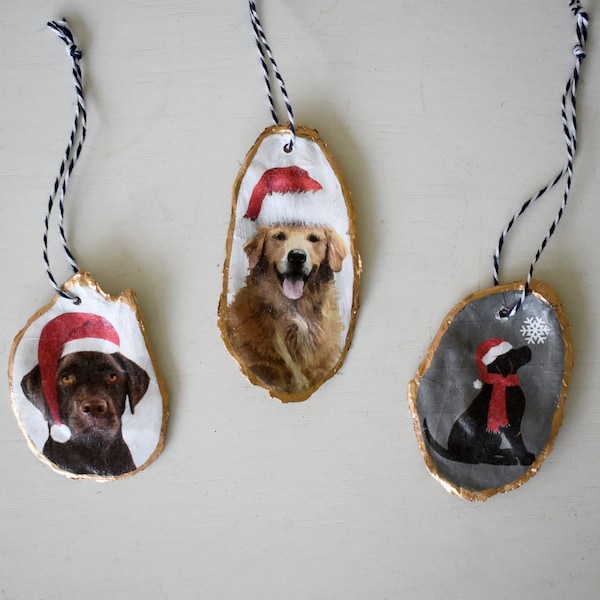 Labrador Retriever Dog Ornaments  |  Yellow Chocolate Black Lab | Christmas Holiday Gift | Santa Hats  |  Oyster Shell | Custom