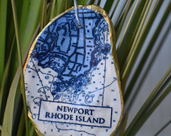 Newport, Rhode Island. Coastal Map Oyster Ornament. Gifts for the Holidays Wedding Engagement. Unique Personalized. Ocean State gift. 2023