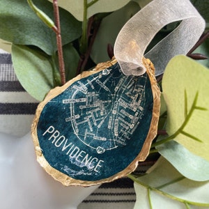 Vorsehung | Rhode Island |  Urlaub Austernmuschel Ornamente |  Weihnachtsgeschenk |  Blaue Landkarte