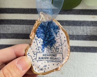 Newport, Rhode Island. Coastal Map Oyster Ornament. Gifts for the Holidays Wedding Engagement. Unique Custom Ocean State Valentine&#39;s Day
