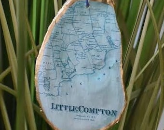 Little Compton Oyster Ornament. Rhode Island. Map. Unique Handmade Gift. Beach Coastal Gift. Wedding/Engagement. Holiday/ Christmas Gift