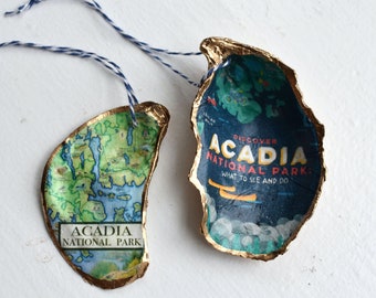 Acadia National Park | Oyster Shell Ornament |  Hiking in Maine  |  Maps | Unique Gift | Gift for Him / Her | Wedding Engagement Keepsake
