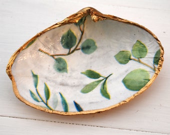 Green Twig Decoupage Clam Shell | Small |  Large  | Decorative Bowl  |  Ring Dish  |  Soap Holder