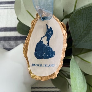 Block Island, New Shoreham Silhouette. Rhode Island.  Einzigartige Austernmuschel Weihnachten Ornament. Hochzeit Verlobung Geschenk