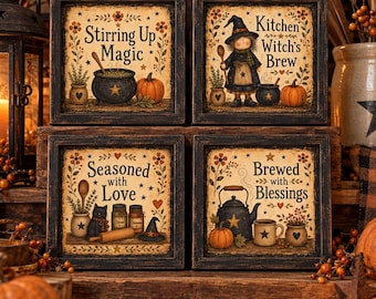 Kitchen Witch Mini Prints, Primitive Halloween Printable, 4x4 Coaster PNG Set (Digital Download)