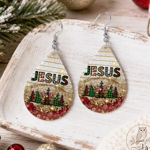 Jesus Christmas Earring Sublimation PNG: Buffalo Plaid Tree Glitter (Digital Download)
