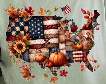 Patchwork Fall Quilt Map of USA - Sublimation PNG (Downloadable)