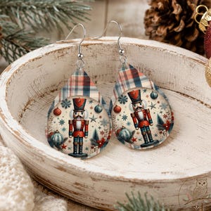 Nutcracker Christmas Plaid Earrings: Holiday Sublimation PNG (Digital Download)