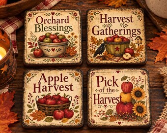 Apple Harvest Primitive Set, Autumn Folk Art 4x4 Square PNG Set (Digital Download)