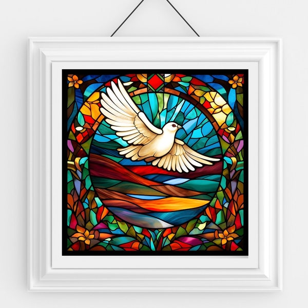 White Dove Faux Stained Glass Wreath Sublimation Design SQUARE Wreath Sign Stained Glass Effect Door Hanger Printable Wall Art Window Cling