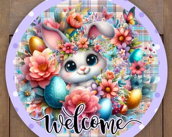 Spring Bunny ronde deurhanger PNG: bloemenkrans voor Pasen (digitale download)