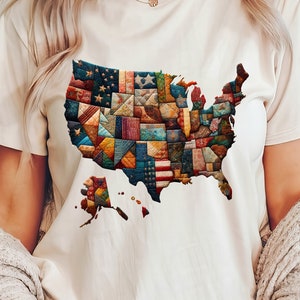 Patchwork Quilt Map of the USA PNG gesteppte Landkarte Sublimation PNG USA-Shirt-Design Quiltmuster von Amerika Kunst-Download PNG