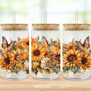 Sunflowers and Butterflies Frosted & Clear Glass Sublimation Design PNG 16oz Glass Can Sublimation Wrap Shabby Chic Sunflowers Glass Design