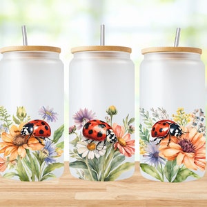 Glasburk med nyckelpiga och vildblomma: 473 ml Libbey sublimering PNG (digital nedladdning)