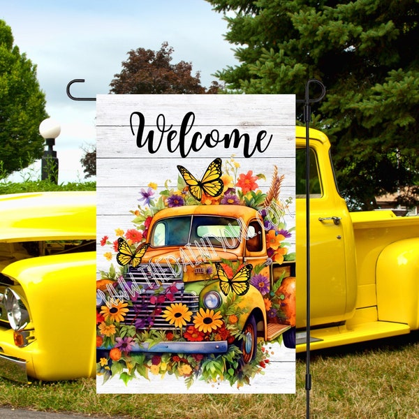 Retro Yellow Truck with Flower and Butterfly Sublimation Design 12x18 Garden Flag PNG Welcome Vintage Truck Digital Flag Design Graphic JPG