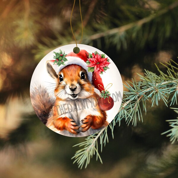 Christmas Squirrel Ornament Sublimation Design PNG Christmas Squirrel in Santa Hat Digital Ornament Graphic Christmas Squirrel Ornament PNG