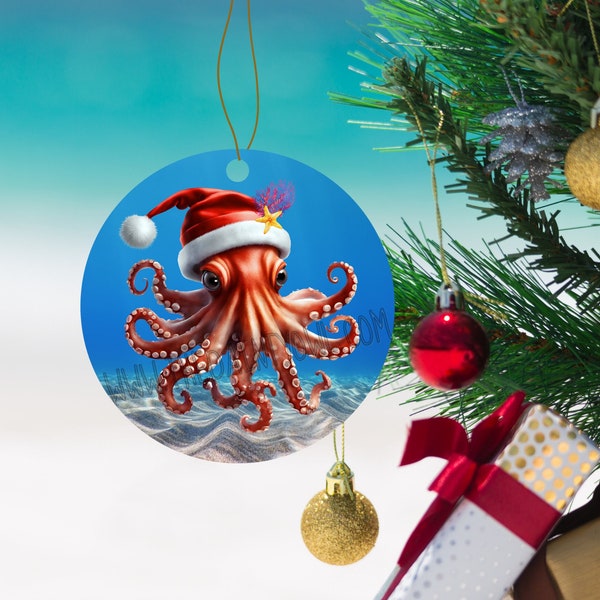 Christmas Octopus Ornament Sublimation Design PNG Christmas Octopus Ornament Graphic Christmas Octopus in Santa Hat Beach Ornament Digital