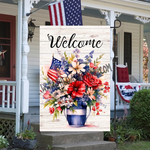 Welcome Patriotic Floral PNG 12x18 Garden Flag Sublimation Design Patriotic Welcome Flag Design PNG Graphic Design Print Yard Lawn Porch JPG