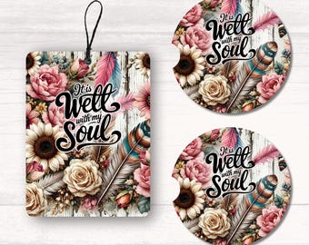 Boho Floral Car Coaster & Air Freshener Sublimation Design (PNG)