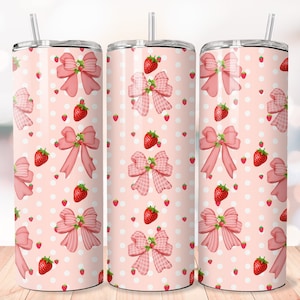 Strawberry Bows Tumbler Sublimation Design: Coquette Shabby Chic PNG (20oz Skinny)