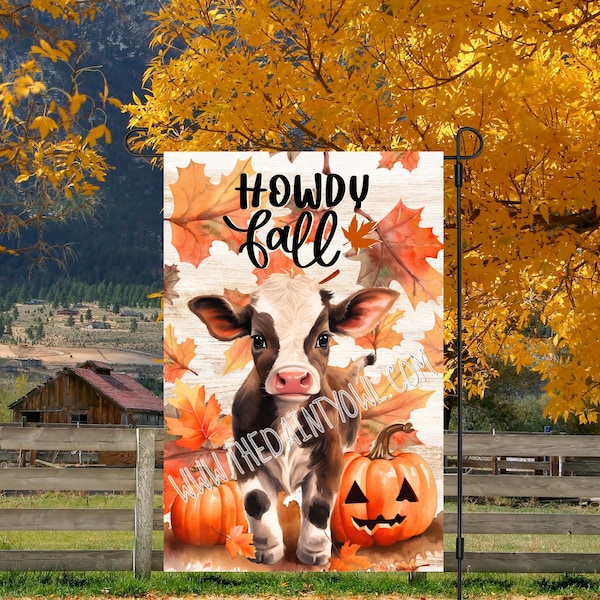 12x18 Garden Flag Sublimation Design PNG Cute Cow and Fall Leaves Digital Design Howdy Fall Flag Graphic Yard Porch Garden Flag PNG JPG Art