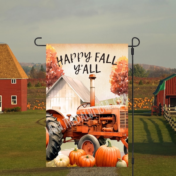12x18 Garden Flag PNG Happy Fall Y'all Vintage Tractor and Pumpkins Sublimation Design Pumpkin Farm Fall Flag Digital JPG and PNG Download