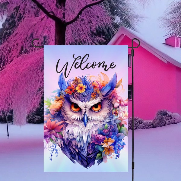 Purple Owl and Flowers Garden Flag PNG 12x18 Yard Flag Sublimation Design PNG Beautiful Floral Owl Digital Design PNG Boho Owl Flag Graphic