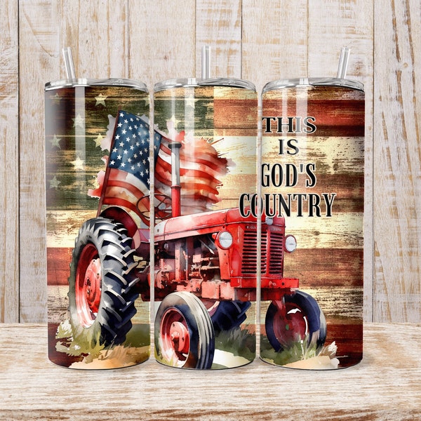 20oz Skinny Tumbler Design Wrap Vintage Red Tractor and American Flag Tumbler Sublimation PNG This is God's Country Tractor Tumbler Wrap PNG