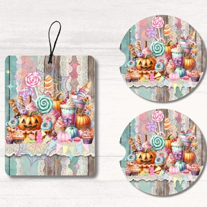 Lufterfrischer und Auto Untersetzer Sublimations-Set Halloween Sweets Fall PNG Kawaii Sweets Lufterfrischer PNG Halloween Sweets Autozubehör PNG