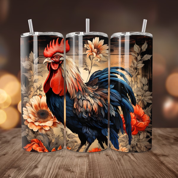 20oz Skinny Tumbler Design Wrap Rustic Country Rooster Tumbler Sublimation PNG Rooster and Flowers Tumbler Graphic Straight and Tapered Wrap