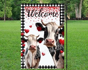 Garden Flag Sublimation Design PNG Welcome Love Cows Garden Flag Digital Design JPG Valentine Love Cows Sweethearts 12x18 Yard Garden Flag