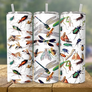 May include: Three stainless steel tumblers with a white background and a colourful pattern of various insects, including dragonflies, beetles, and mantises.