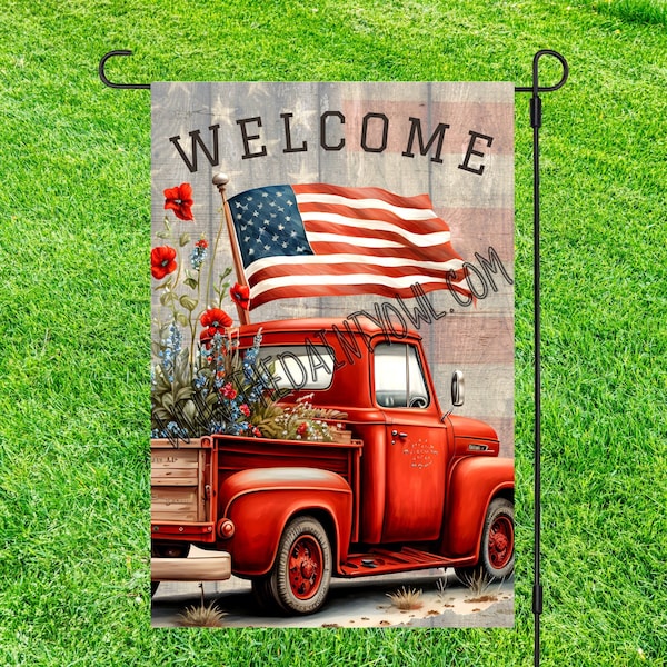 Red Vintage Truck Wildflowers Patriotic Flag Welcome Digital Design Garden Flag Sublimation Design 12x18 Flag Graphic Yard Porch Digital Art