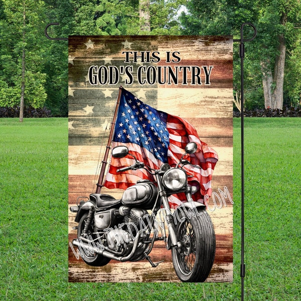 Vintage Motorcycle and American Flag PNG 12x18 Garden Flag Sublimation Design Gods Country Patriotic Motorcycle Flag Sublimation Graphic JPG