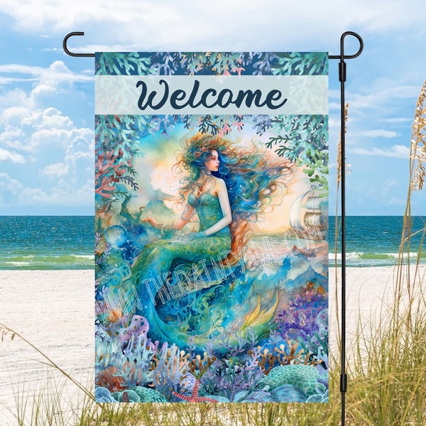 Mermaid Welcome Beach House Flag Design 12x18 Yard Flag Sublimation Digital Design PNG Fantasy Mermaid Beach Flag Graphic Mermaid Flag JPG