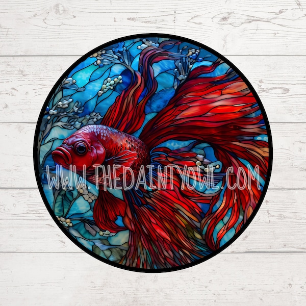 12x12 Faux Stained Glass Sublimation Design Siamese Fighting Fish PNG Round Betta Fish Wreath Sign JPG Door Hanger Window Cling Suncatcher