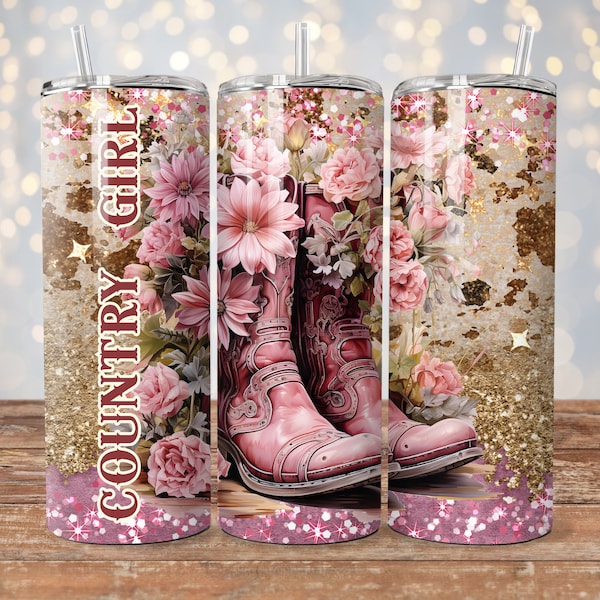 Country Girl Pink Cowgirl Boots and Flowers 20oz Tumbler Wrap 20oz Skinny Tumbler Sublimation Design Pink Boots and Florals Tumbler Graphic
