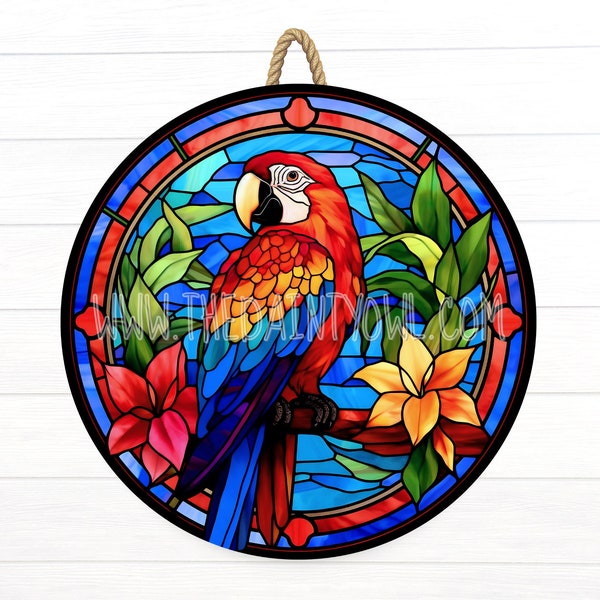 Tropical Parrot Sublimation PNG 12x12 Faux Stained Glass Parrot Wreath Accessory Tropical Parrot PNG Parrot Suncatcher Window Cling Designs