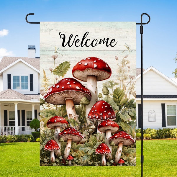 Cottagecore Red Mushroom Welcome Flag PNG 12x18 Garden Flag Sublimation Design Fly Agaric Mushrooms Welcome Flag Cottagecore Sublimation JPG