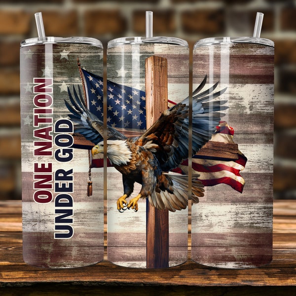 20oz Skinny Tumbler Design Wrap Wooden Cross American Eagle Flag Tumbler Sublimation PNG One Nation Under God Christian Patriotic Wrap PNG