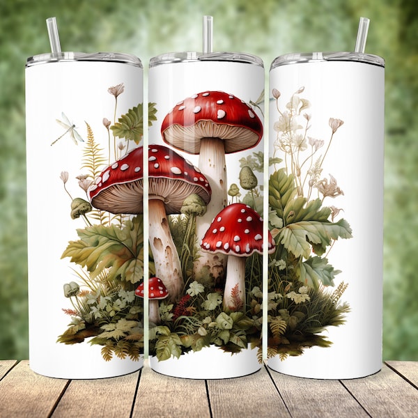 Cottage Core Mushroom Forest 20oz Skinny Tumbler Sublimation Design Wrap Fly Agaric Mushrooms Sublimation Tumbler Wrap Mushroom Tumbler Wrap