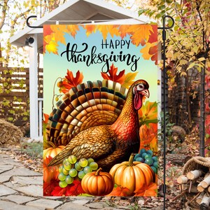 Happy Thanksgiving Turkey and Pumpkin Cornucopia Digital Flag Design 12x18 Garden Flag Sublimation Design PNG Thanksgiving Turkey Flag JPG