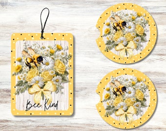 Honey Bee Floral Sublimation Set: Air Freshener & Car Coaster PNG (Digital Download)