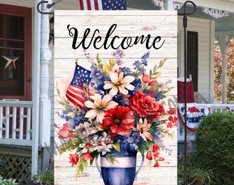Bandiera da giardino con motivo floreale patriottico di benvenuto, design a sublimazione (JPG)